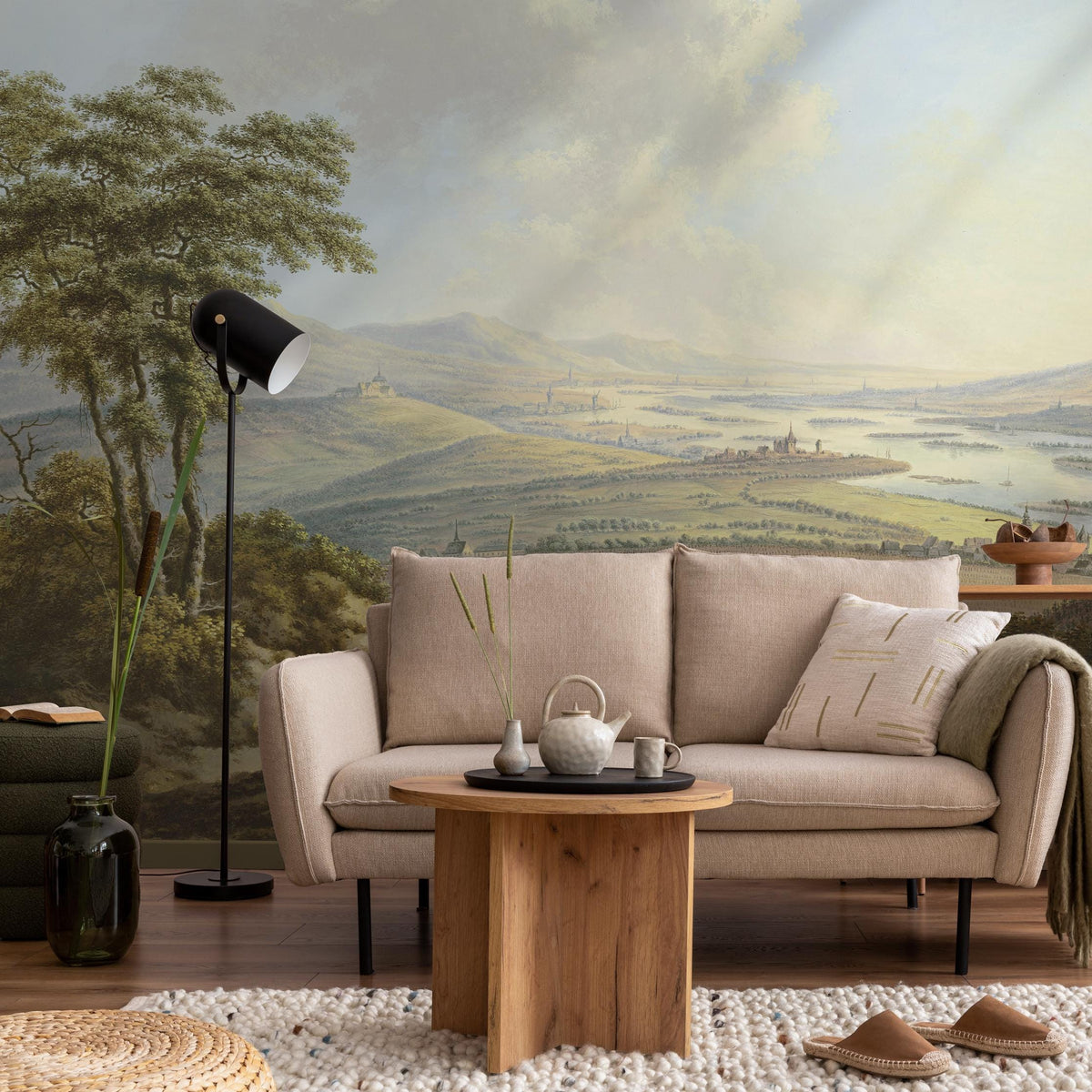 Landscape Wallpaper Depicting a Vintage Painting in Green and Brown - E318