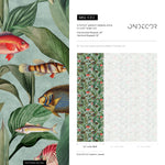 Tropical Wallpaper with Vintage Fish Illustrations in Green and Red - E312