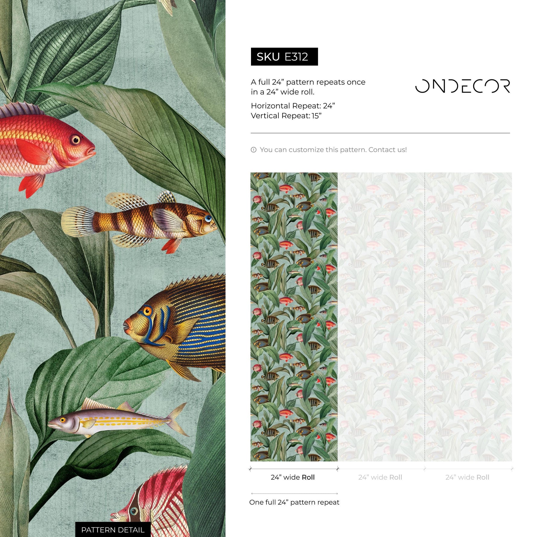 Tropical Wallpaper with Vintage Fish Illustrations in Green and Red - E312
