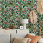 Tropical Wallpaper with Vintage Fish Illustrations in Green and Red - E312
