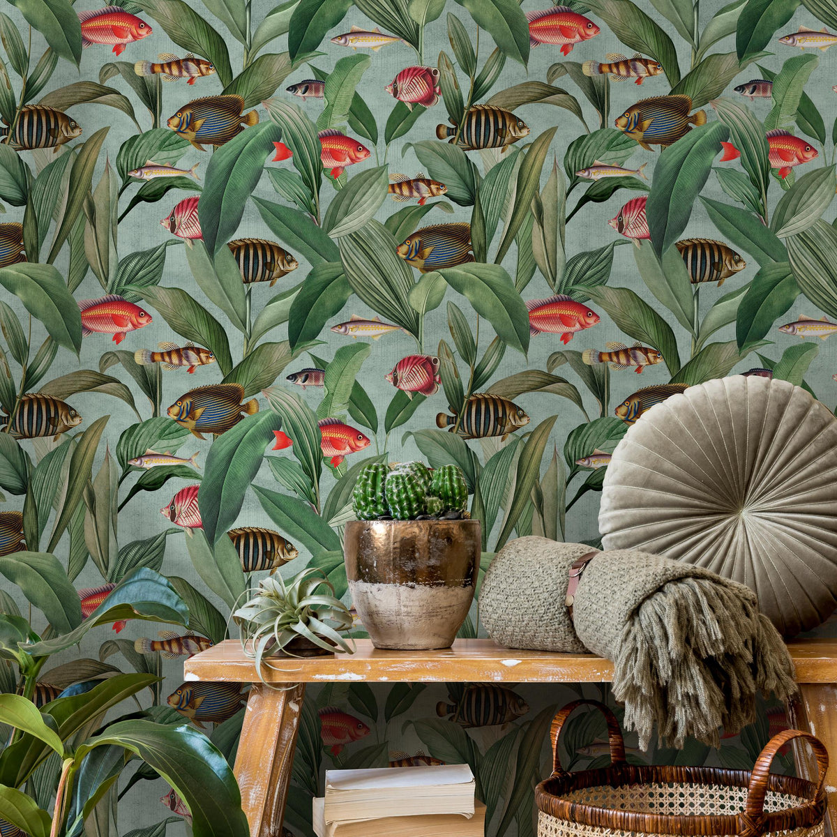 Tropical Wallpaper with Vintage Fish Illustrations in Green and Red - E312