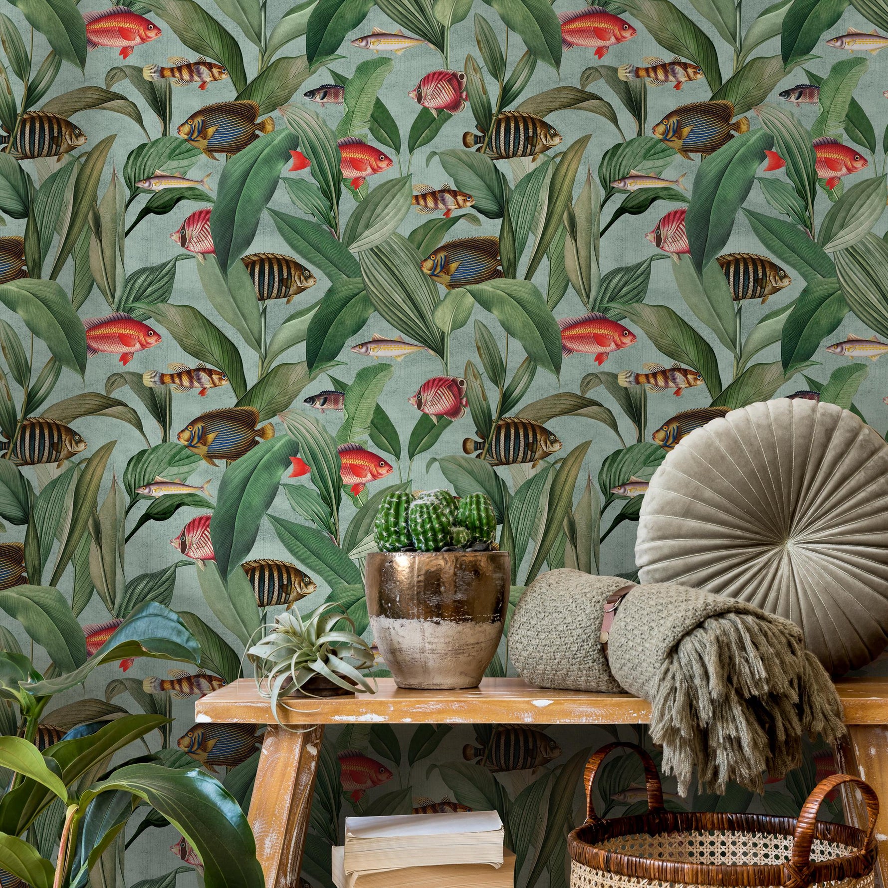 Tropical Wallpaper with Vintage Fish Illustrations in Green and Red - E312