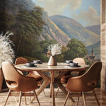 Landscape Wallpaper Featuring a Scenic River Valley Painting in Green and Blue - E320