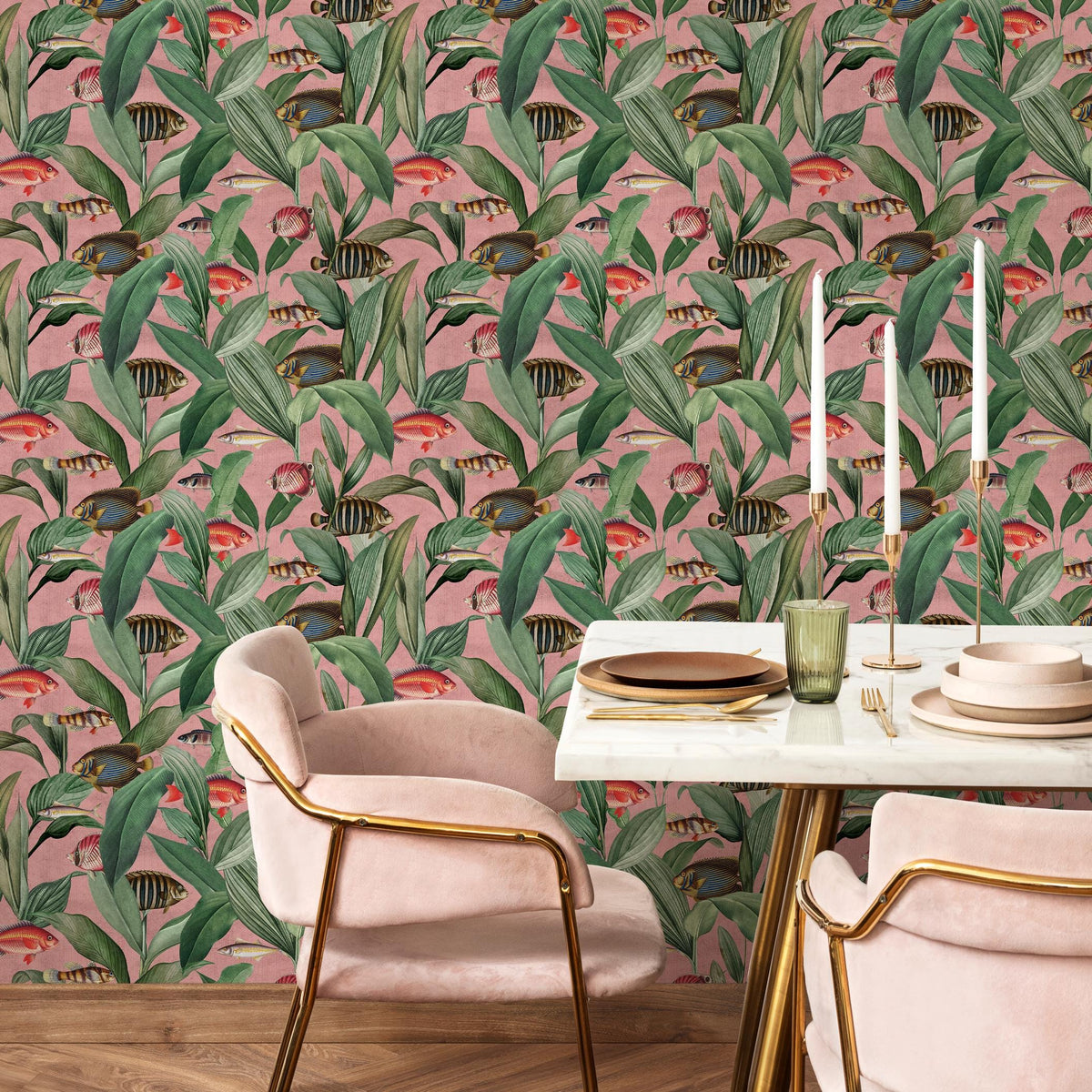 Tropical Wallpaper with Exotic Fish and Leaves in Pink, Green, and Red - E315