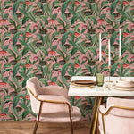 Tropical Wallpaper with Exotic Fish and Leaves in Pink, Green, and Red - E315