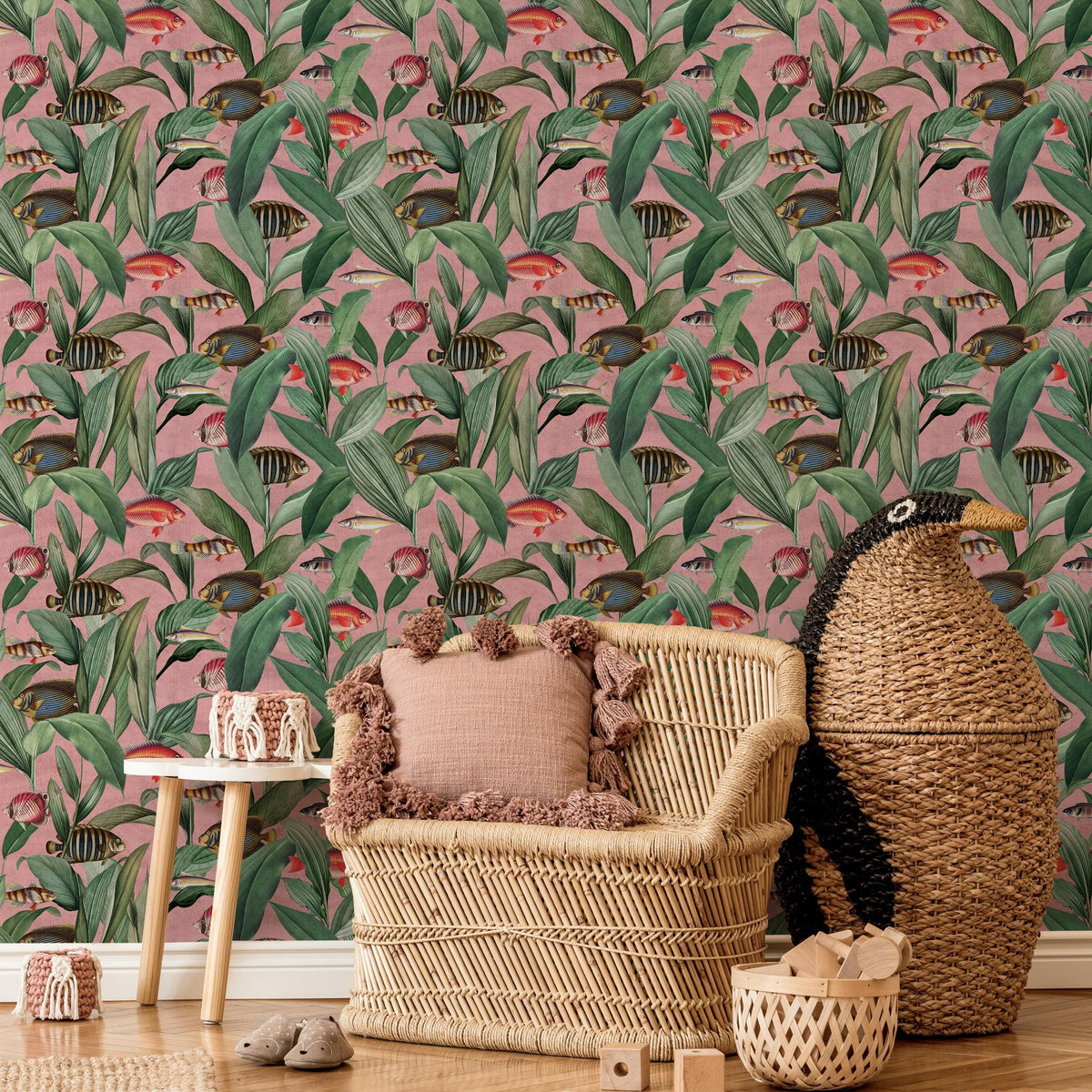 Tropical Wallpaper with Exotic Fish and Leaves in Pink, Green, and Red - E315