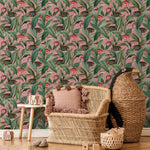 Tropical Wallpaper with Exotic Fish and Leaves in Pink, Green, and Red - E315