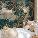 Tapestry Wallpaper with a Chinoiserie Garden Scene in Green and Red - E316