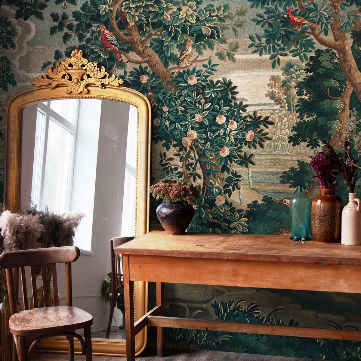 Tapestry Wallpaper with a Chinoiserie Garden Scene in Green and Red - E316