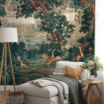 Tapestry Wallpaper with a Chinoiserie Garden Scene in Green and Red - E316