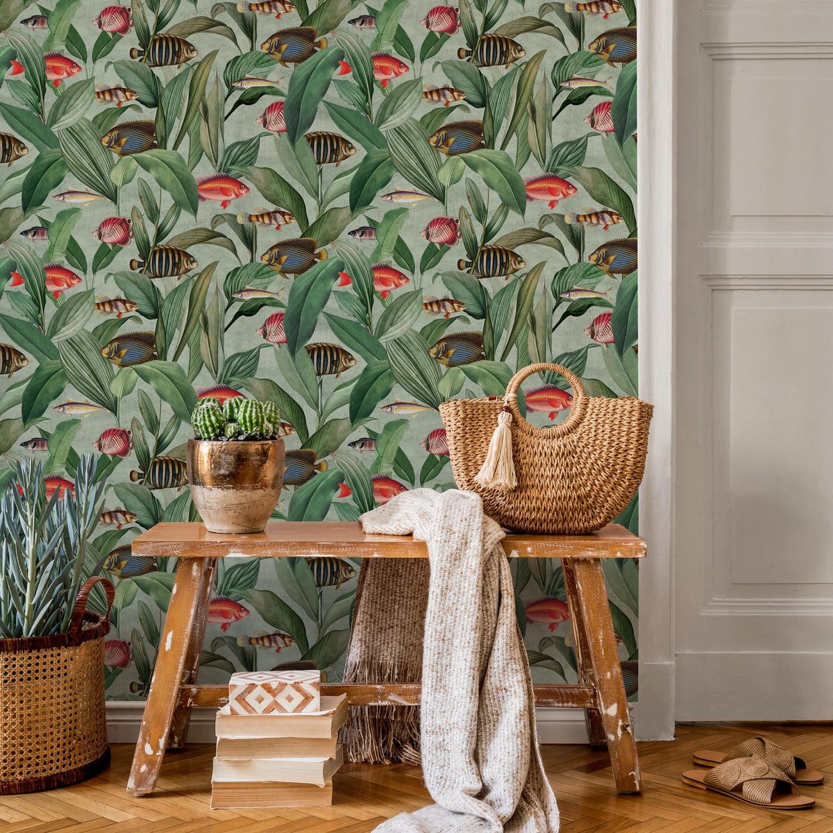 Botanical Wallpaper with Vintage Tropical Fish in Green, Red, and Blue - E313