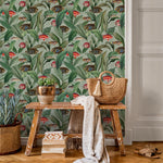 Botanical Wallpaper with Vintage Tropical Fish in Green, Red, and Blue - E313