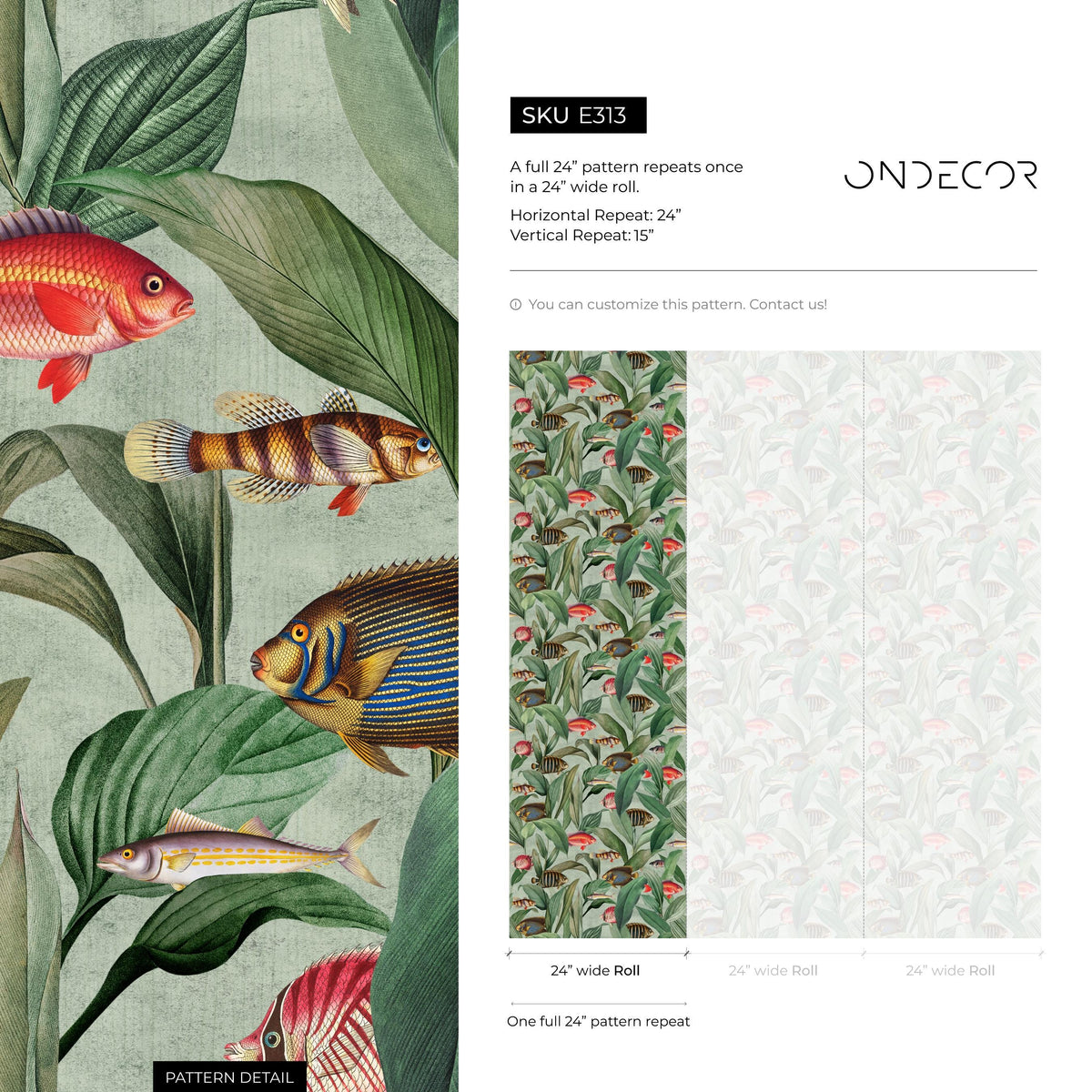 Botanical Wallpaper with Vintage Tropical Fish in Green, Red, and Blue - E313
