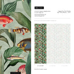 Botanical Wallpaper with Vintage Tropical Fish in Green, Red, and Blue - E313