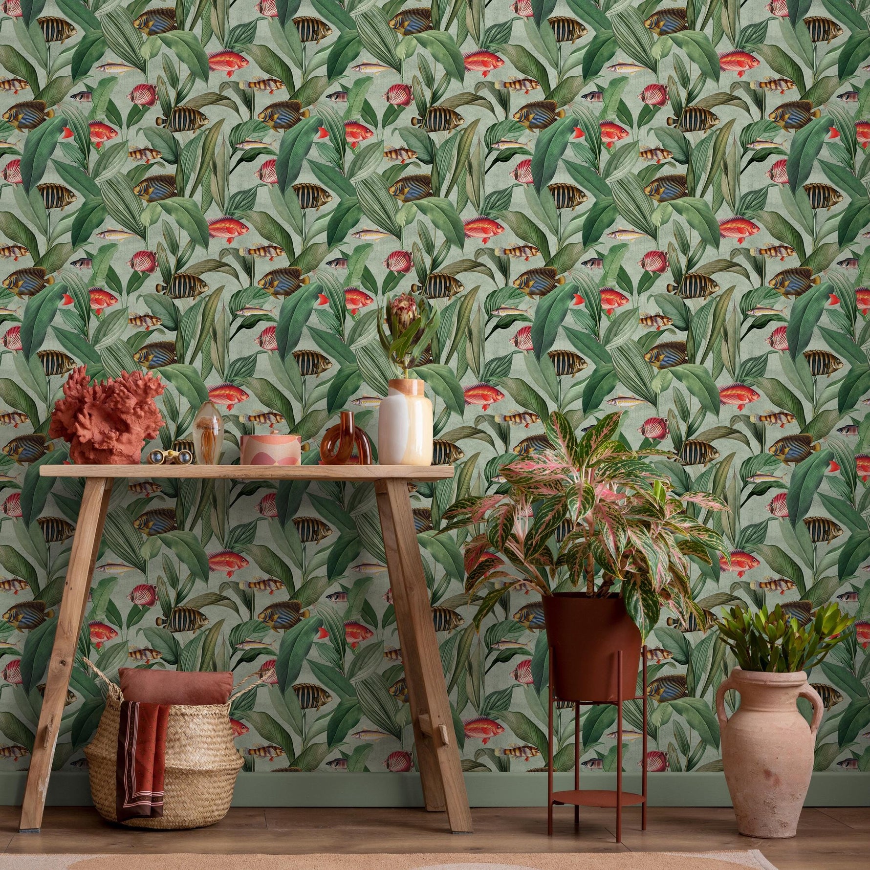 Botanical Wallpaper with Vintage Tropical Fish in Green, Red, and Blue - E313