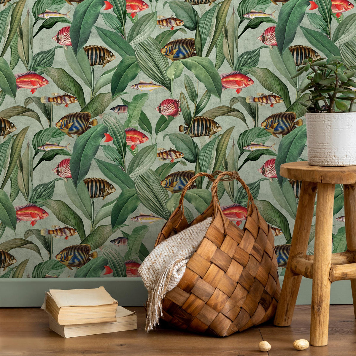 Botanical Wallpaper with Vintage Tropical Fish in Green, Red, and Blue - E313