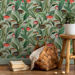 Botanical Wallpaper with Vintage Tropical Fish in Green, Red, and Blue - E313
