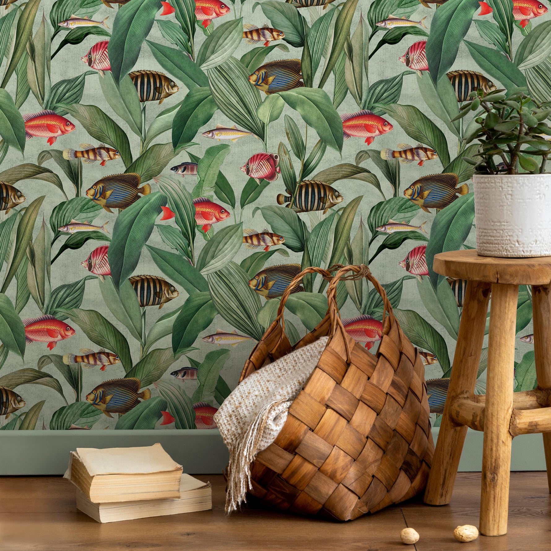 Botanical Wallpaper with Vintage Tropical Fish in Green, Red, and Blue - E313