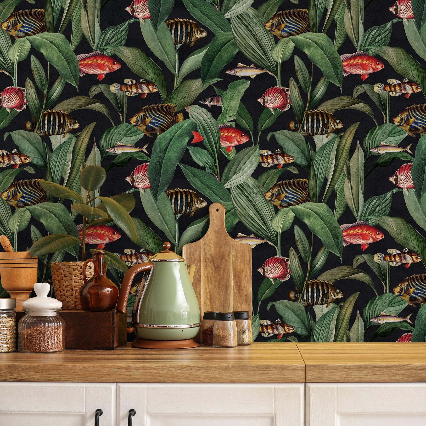 Tropical Wallpaper with Fish and Botanical Leaves in Green and Red - E314