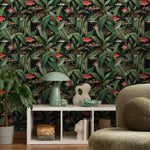 Tropical Wallpaper with Fish and Botanical Leaves in Green and Red - E314
