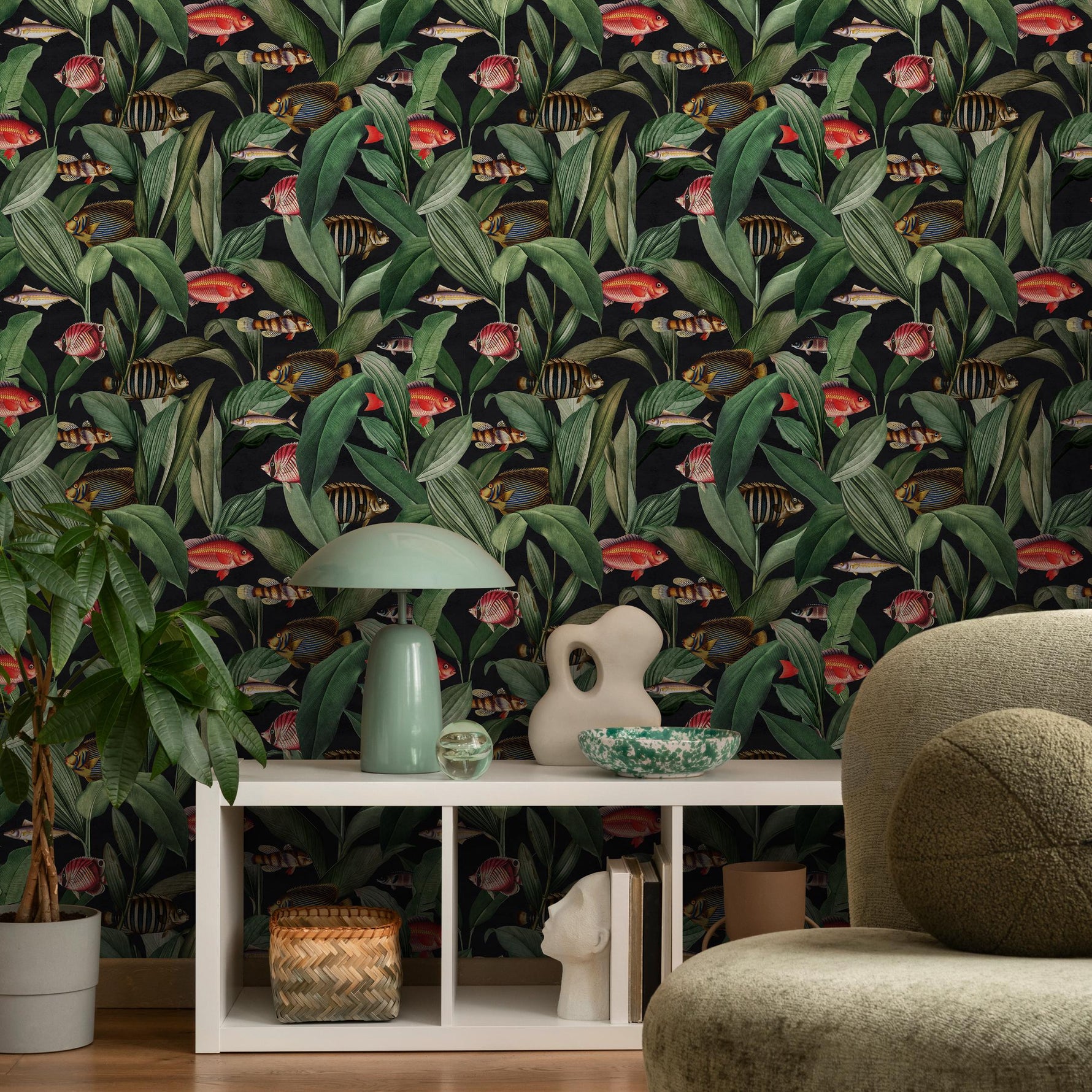 Tropical Wallpaper with Fish and Botanical Leaves in Green and Red - E314