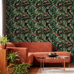 Tropical Wallpaper with Fish and Botanical Leaves in Green and Red - E314