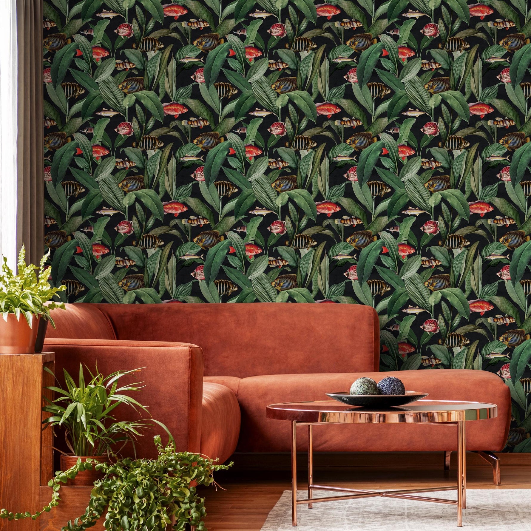 Tropical Wallpaper with Fish and Botanical Leaves in Green and Red - E314