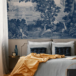 Toile Wallpaper Featuring a Scenic French Countryside in Blue and White - E317