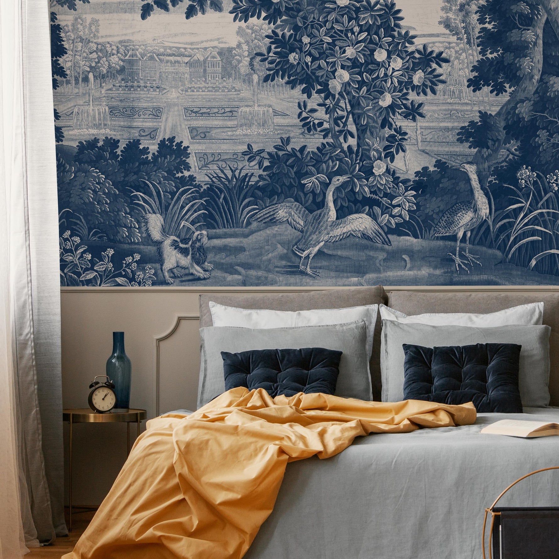 Toile Wallpaper Featuring a Scenic French Countryside in Blue and White - E317