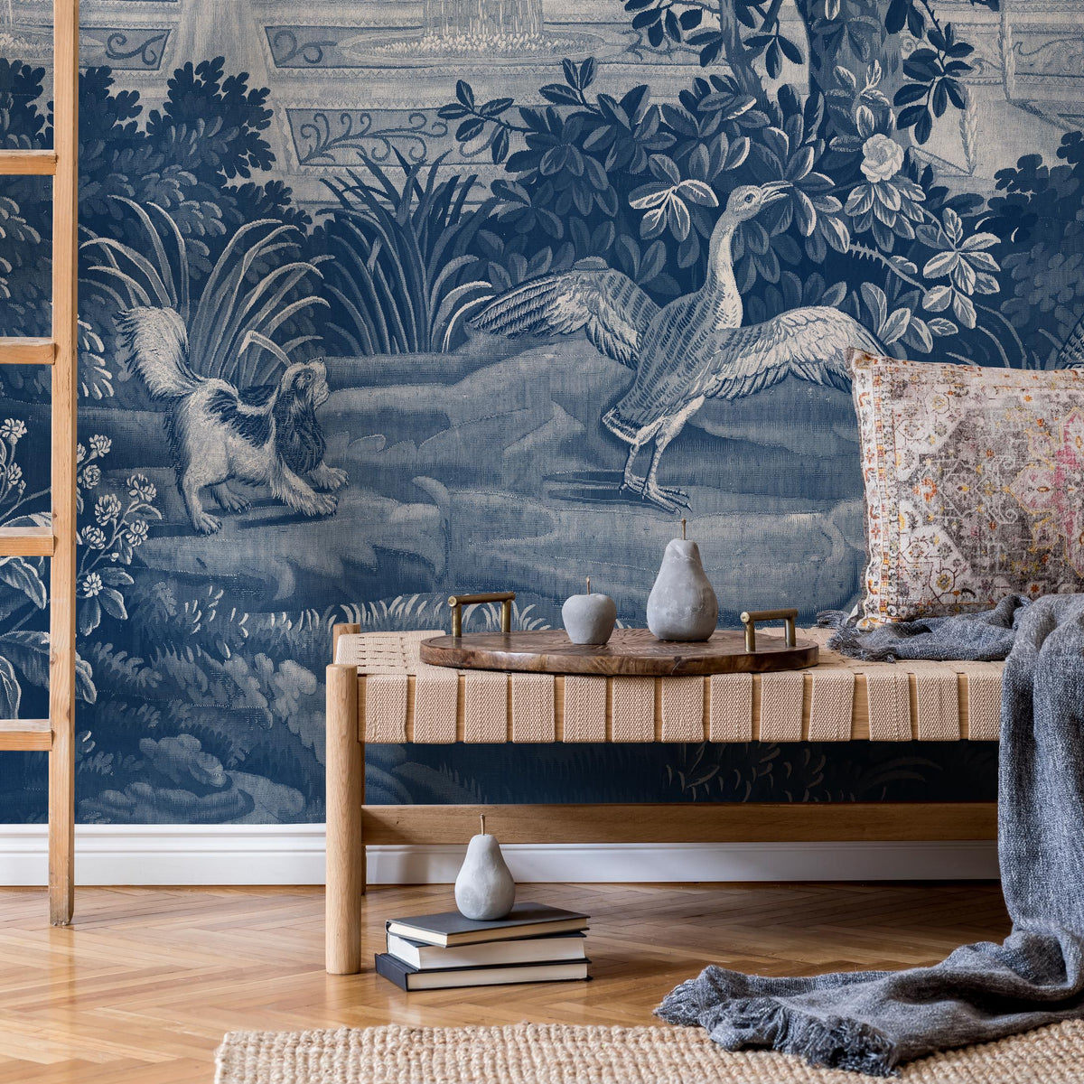 Toile Wallpaper Featuring a Scenic French Countryside in Blue and White - E317