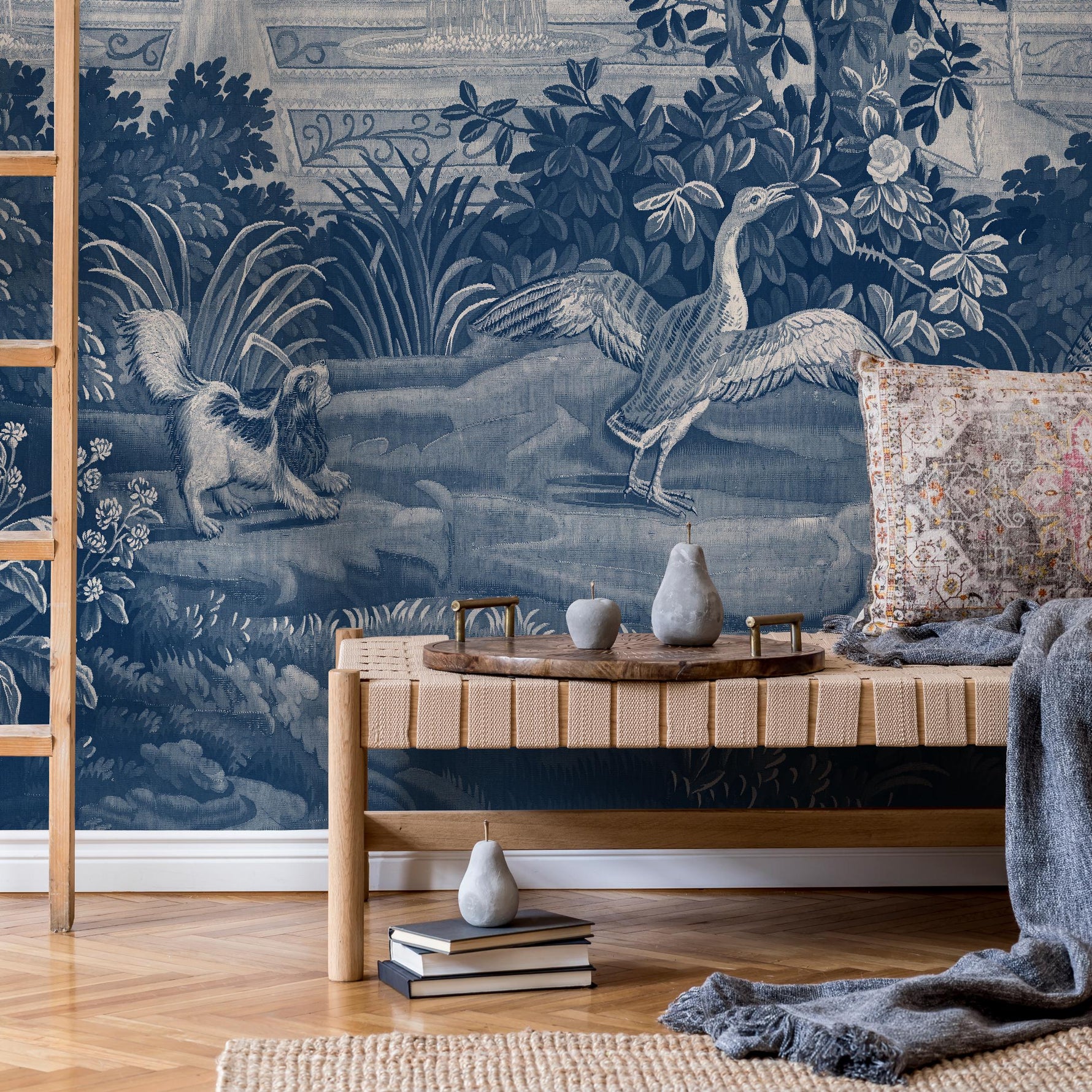 Toile Wallpaper Featuring a Scenic French Countryside in Blue and White - E317