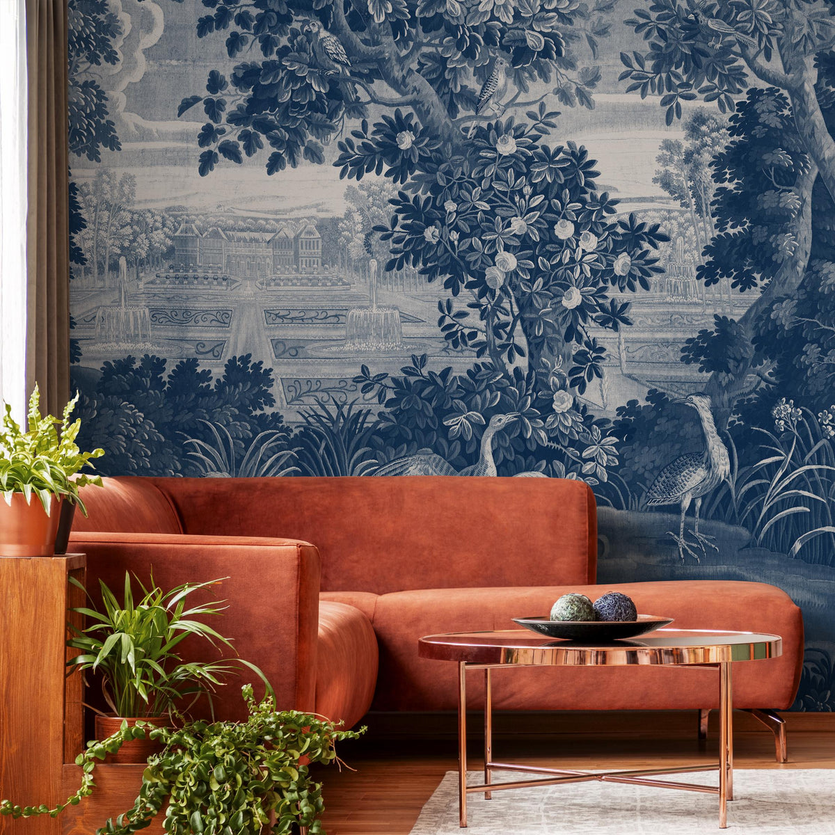 Toile Wallpaper Featuring a Scenic French Countryside in Blue and White - E317