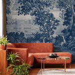 Toile Wallpaper Featuring a Scenic French Countryside in Blue and White - E317