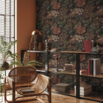 Botanical Wallpaper with Vintage Flowers and Berries in Brown, Green, and Red - E280