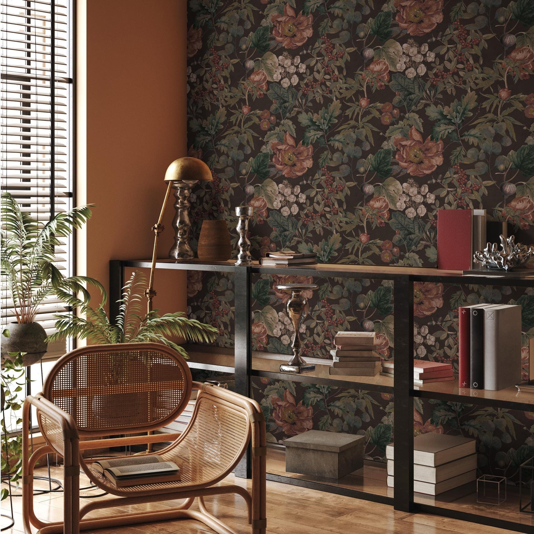 Botanical Wallpaper with Vintage Flowers and Berries in Brown, Green, and Red - E280