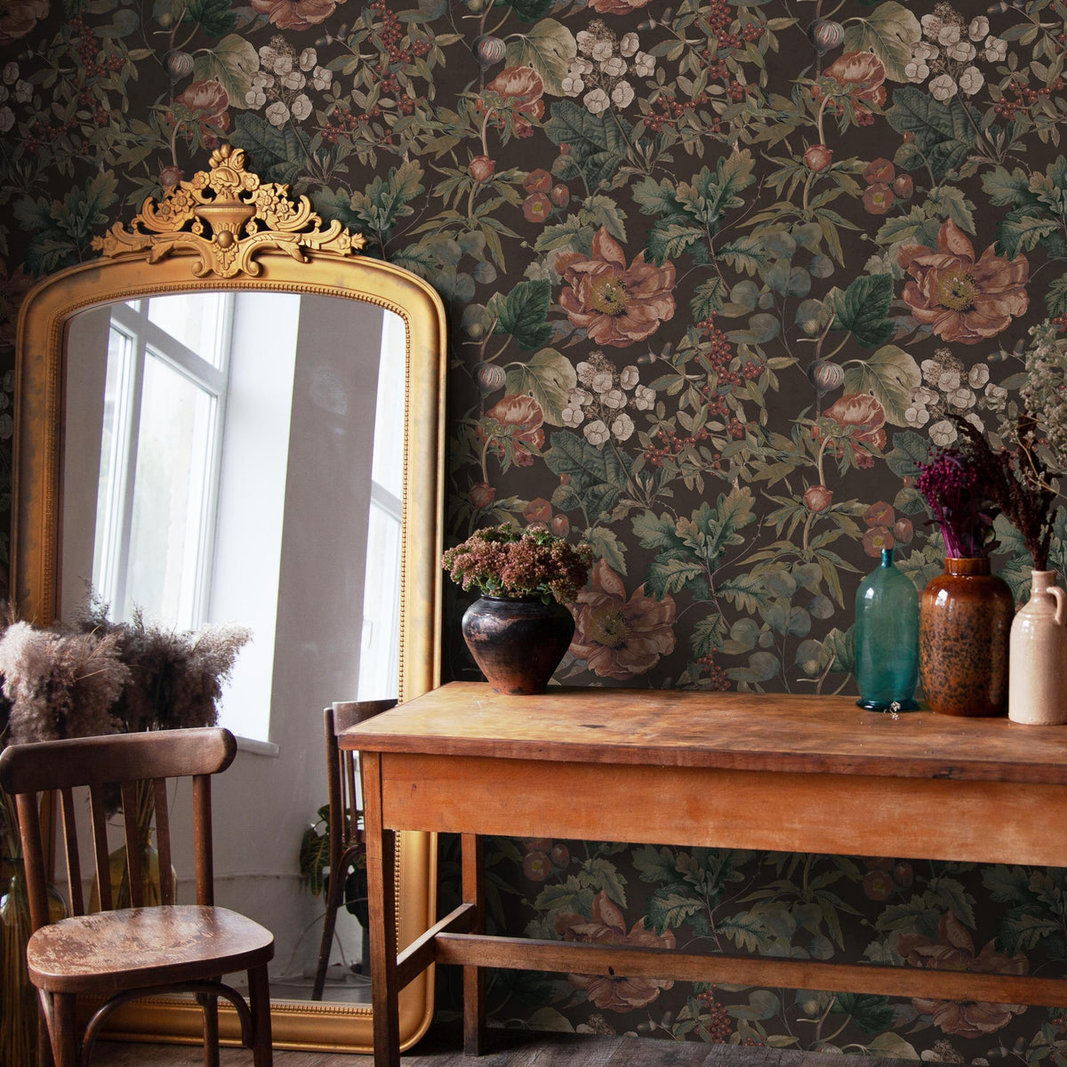 Botanical Wallpaper with Vintage Flowers and Berries in Brown, Green, and Red - E280