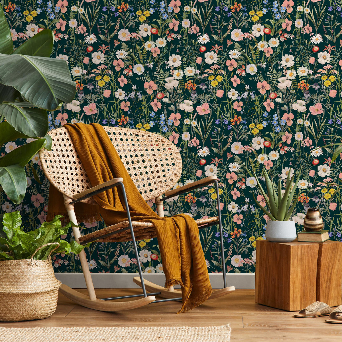 Floral Wallpaper with a Wildflower Meadow in Dark Green, Pink, and Yellow - E284