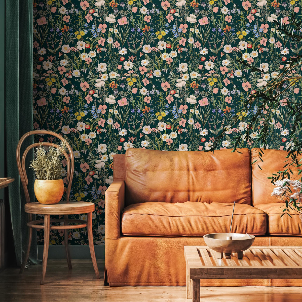 Floral Wallpaper with a Wildflower Meadow in Dark Green, Pink, and Yellow - E284