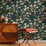 Floral Wallpaper with a Wildflower Meadow in Dark Green, Pink, and Yellow - E284