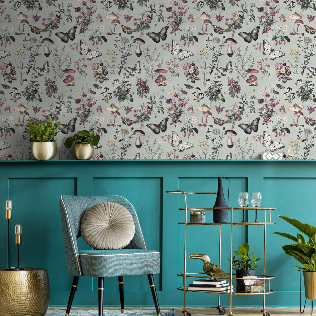 Botanical Wallpaper with Butterflies and Mushrooms in Sage Green and Purple - E288