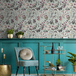 Botanical Wallpaper with Butterflies and Mushrooms in Sage Green and Purple - E288