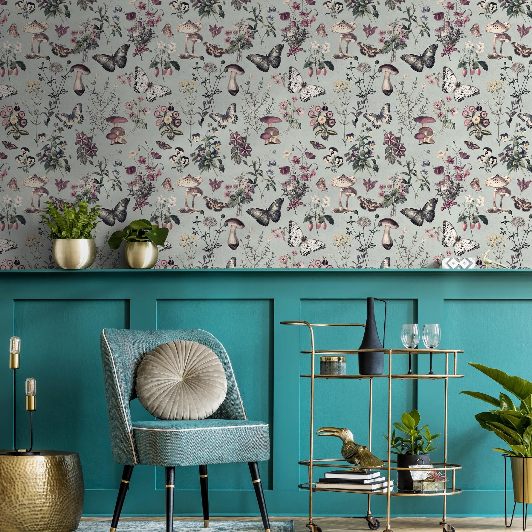 Botanical Wallpaper with Butterflies and Mushrooms in Sage Green and Purple - E288