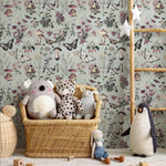 Botanical Wallpaper with Butterflies and Mushrooms in Sage Green and Purple - E288