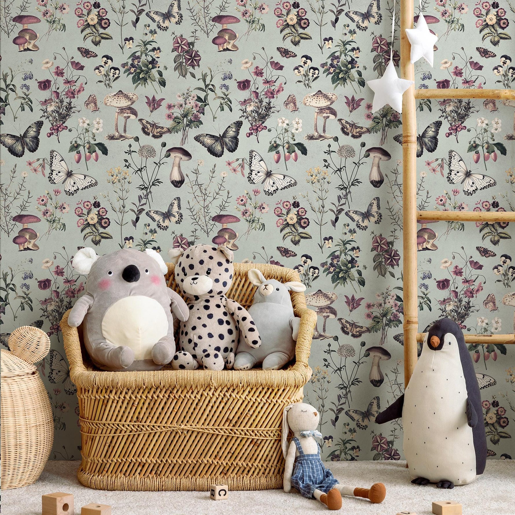 Botanical Wallpaper with Butterflies and Mushrooms in Sage Green and Purple - E288