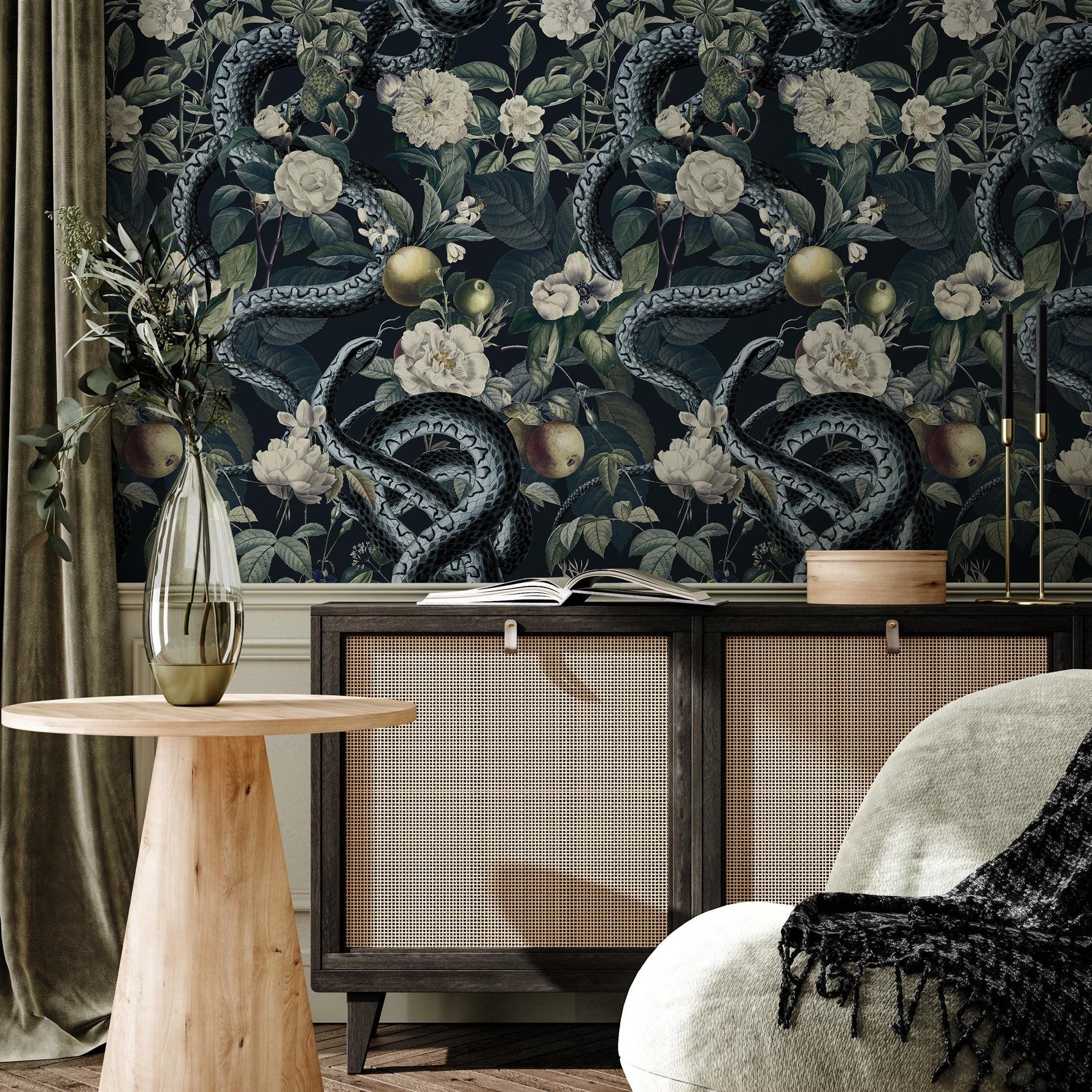 Botanical Wallpaper with Snakes Among Flowers in Black and Green - E294
