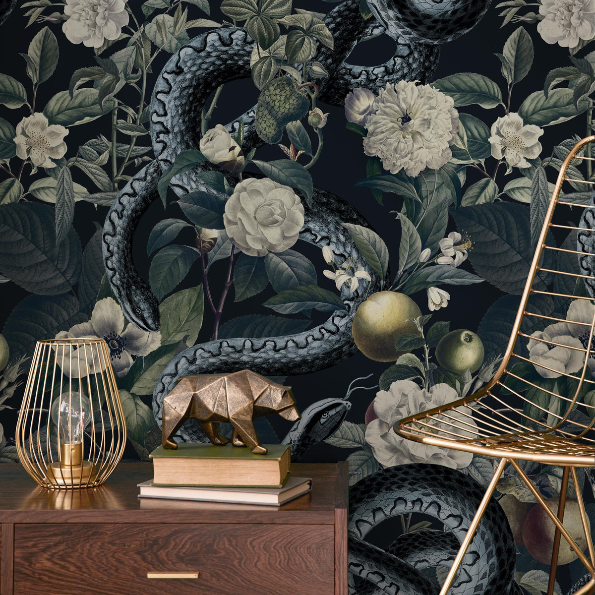 Botanical Wallpaper with Snakes Among Flowers in Black and Green - E294