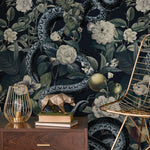 Botanical Wallpaper with Snakes Among Flowers in Black and Green - E294
