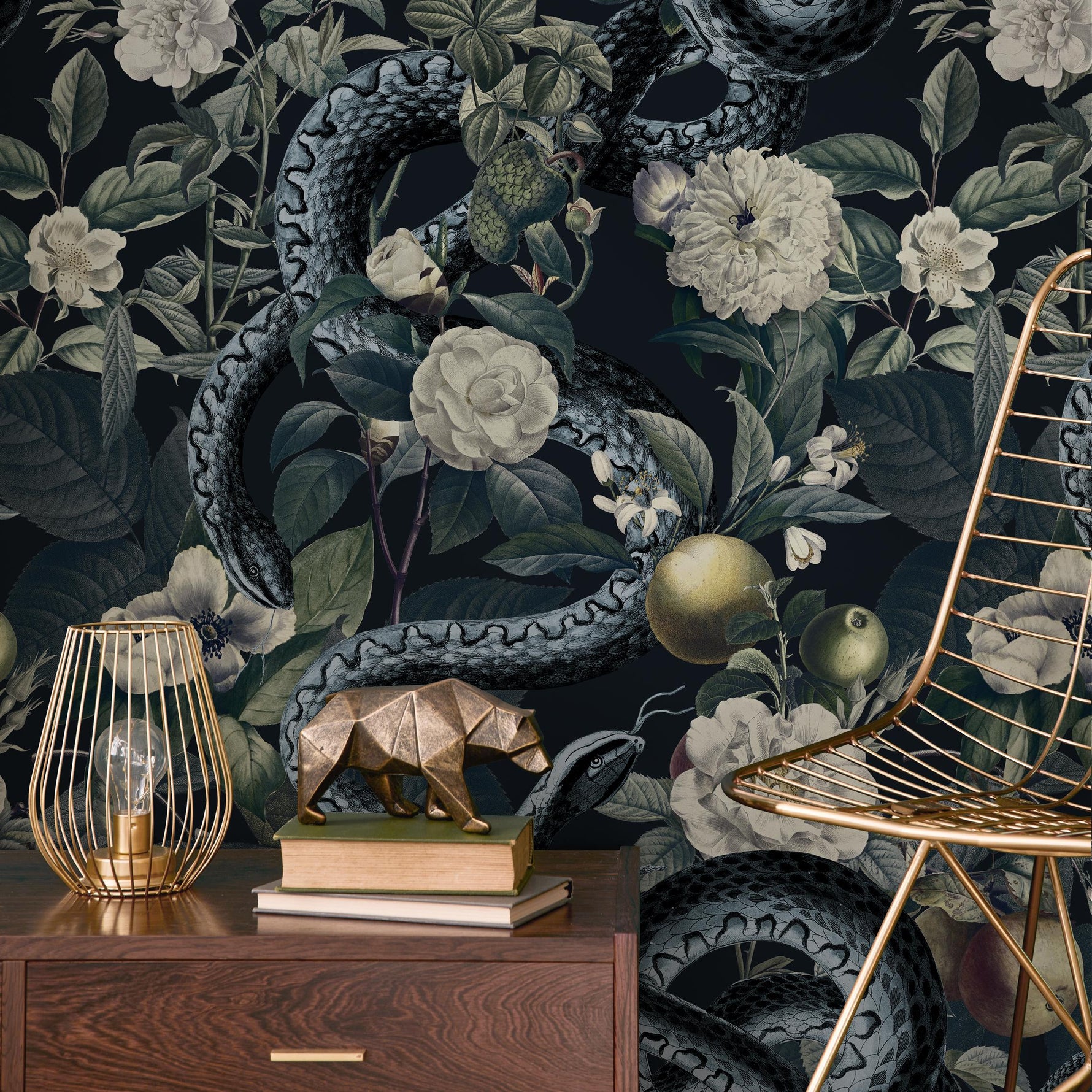 Botanical Wallpaper with Snakes Among Flowers in Black and Green - E294