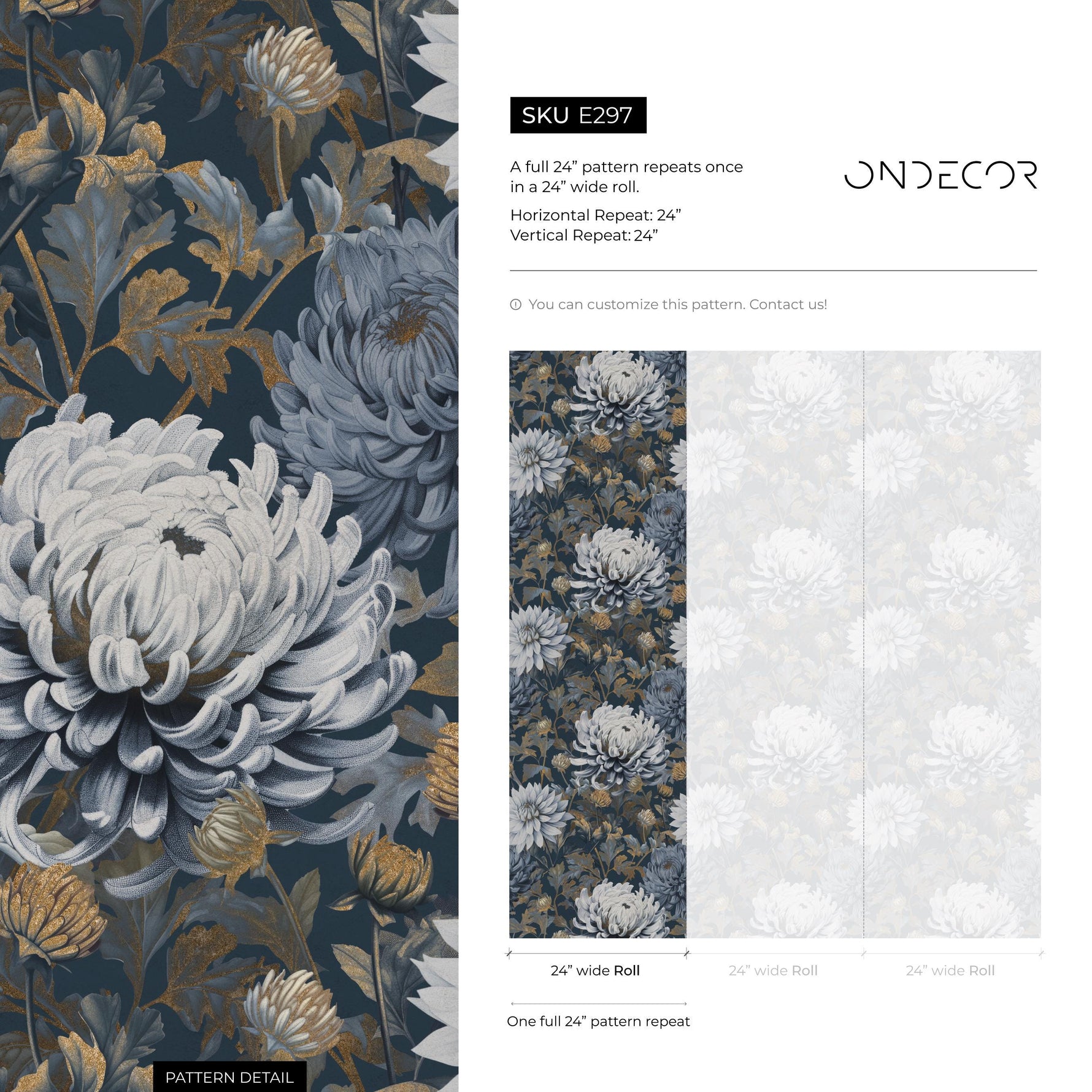 Floral Wallpaper Featuring Chrysanthemum Blooms in Dark Blue, Gray, and Gold - E297