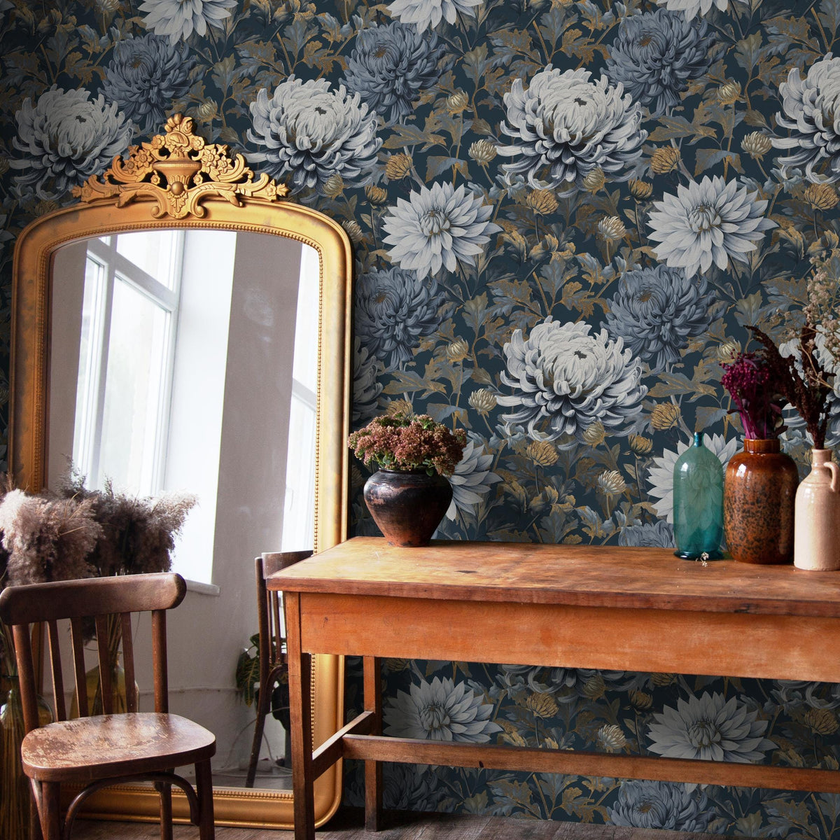 Floral Wallpaper Featuring Chrysanthemum Blooms in Dark Blue, Gray, and Gold - E297